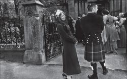 friends awaiting the bride and groom to leave the historical Garnethill synagogue in Glasgow at the end of an Orthodox wedding party. PHOTO/JUDAH PASSOW