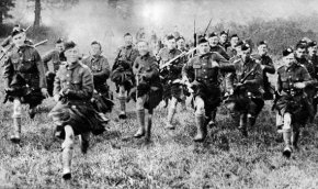 Scottish troops charging you within their kilts during the First World War